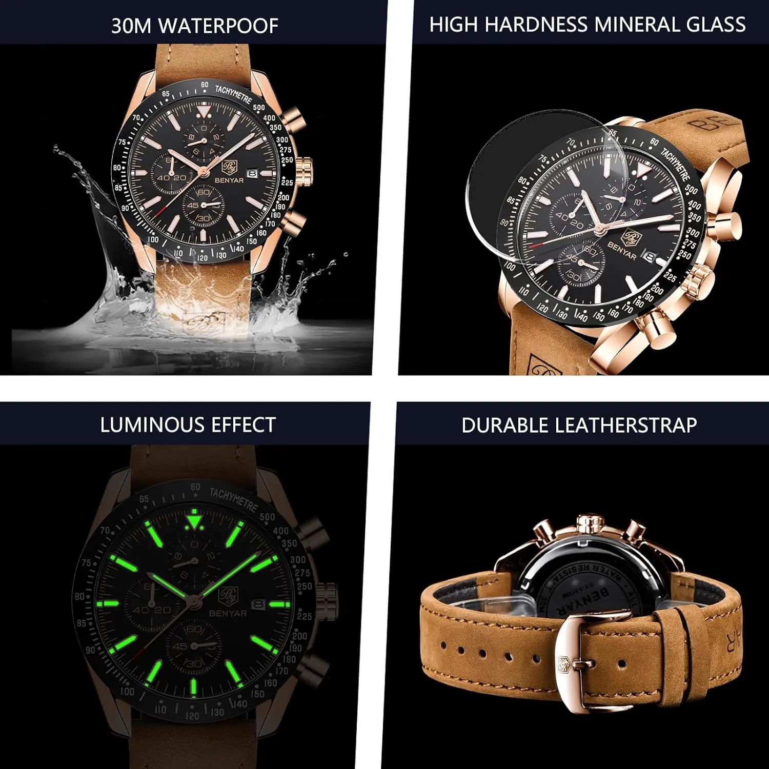 BENYAR Men's Watch Quartz Movement Chronograph 30M Waterproof Luminous Casual Sports Business Men's Leather Watch