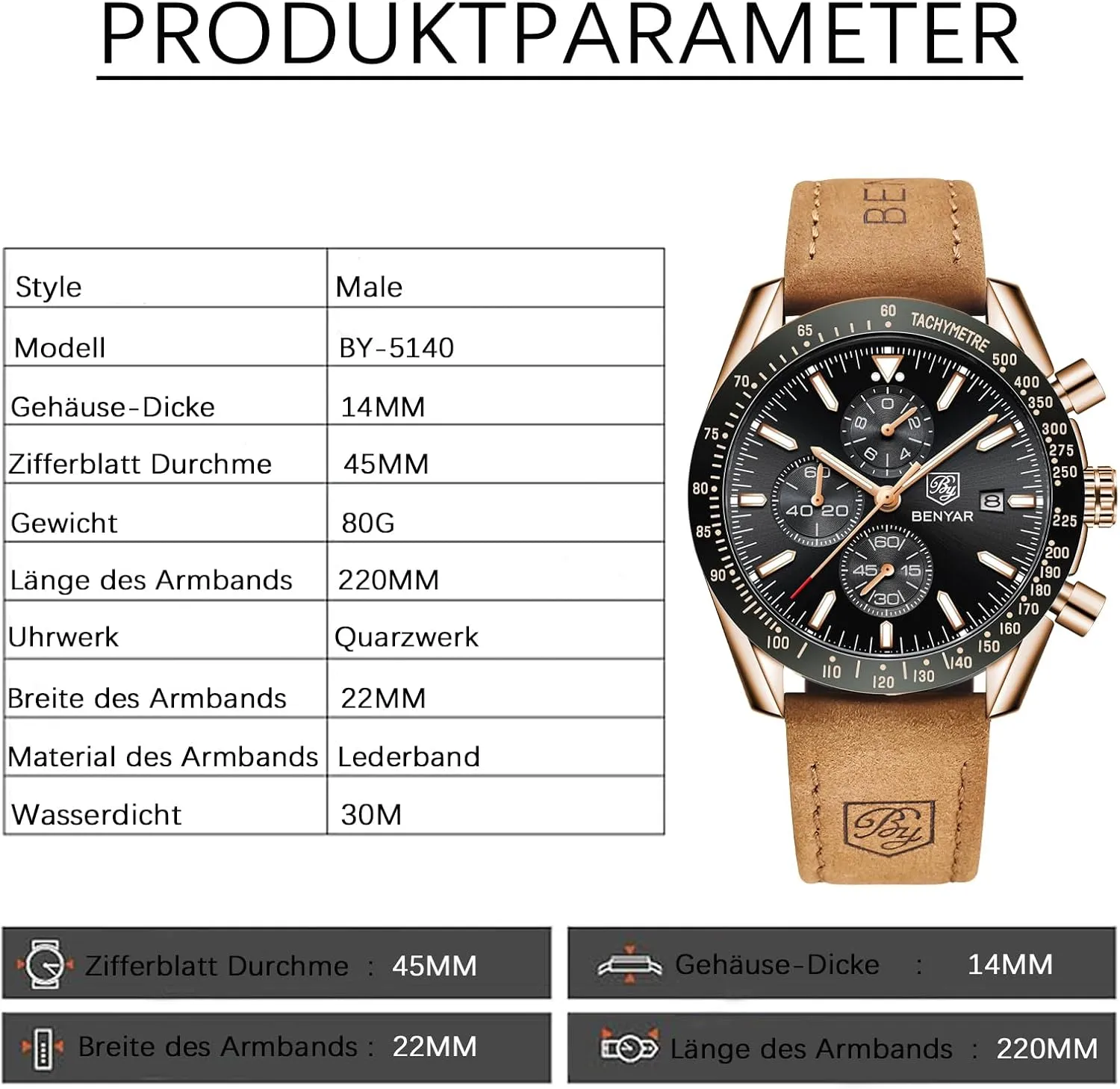 BENYAR Men's Watch Quartz Movement Chronograph 30M Waterproof Luminous Casual Sports Business Men's Leather Watch