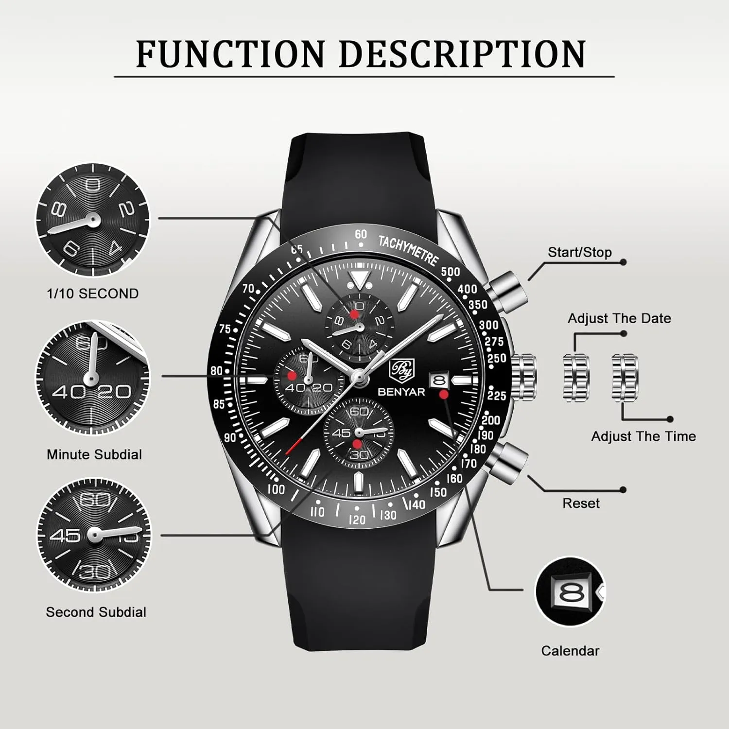 BENYAR Men's Watch Quartz Movement Chronograph 30M Waterproof Luminous Casual Sports Business Men's Leather Watch