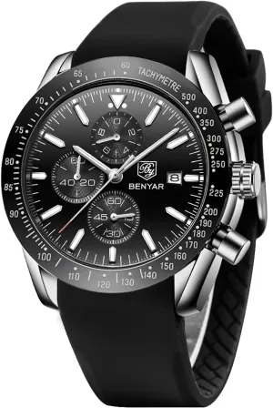 BENYAR Men's Watch Quartz Movement Chronograph 30M Waterproof Luminous Casual Sports Business Men's Leather Watch