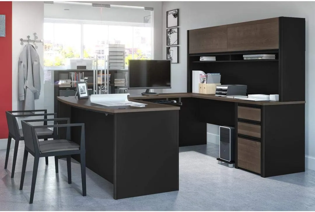 Bestar Connexion U-Shaped Executive Desk with Pedestal and Hutch, 72W, Antigua & Black