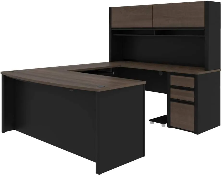 Bestar Connexion U-Shaped Executive Desk with Pedestal and Hutch, 72W, Antigua & Black