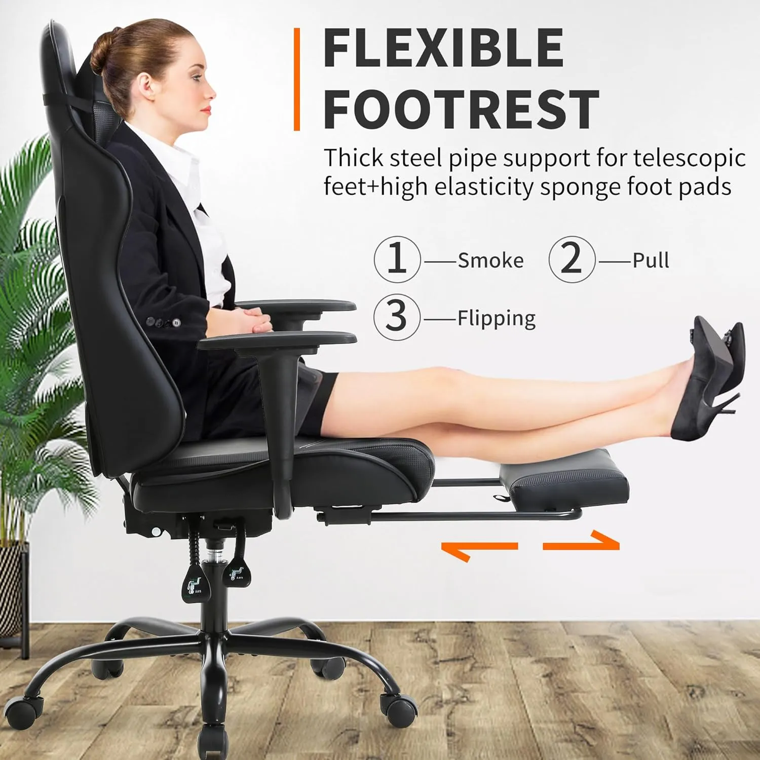 BestOffice Ergonomic Desk Executive PU Leather Computer Lumbar Support with Footrest Modern Task Rolling Swivel Racing Chair for Women&Men, Black
