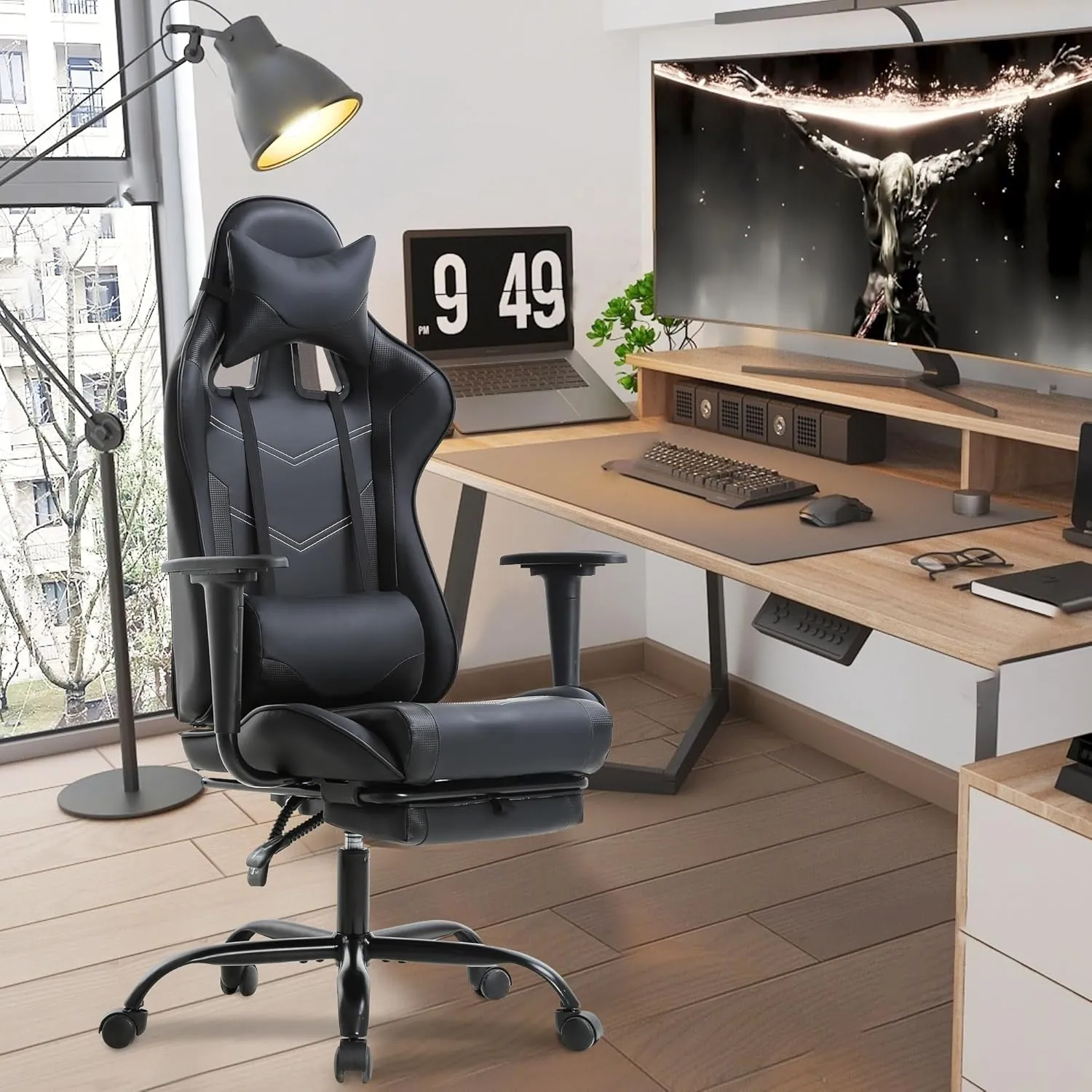BestOffice Ergonomic Desk Executive PU Leather Computer Lumbar Support with Footrest Modern Task Rolling Swivel Racing Chair for Women&Men, Black