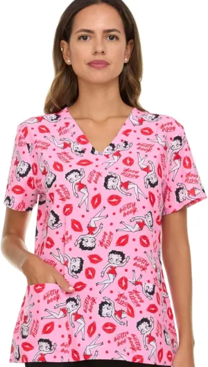 Betty Boop Women's All Over Print, V-Neck Scrub Top with Pockets - Comfortable Work Uniform