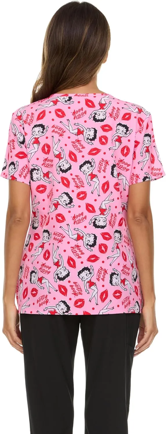 Betty Boop Women's All Over Print, V-Neck Scrub Top with Pockets - Comfortable Work Uniform