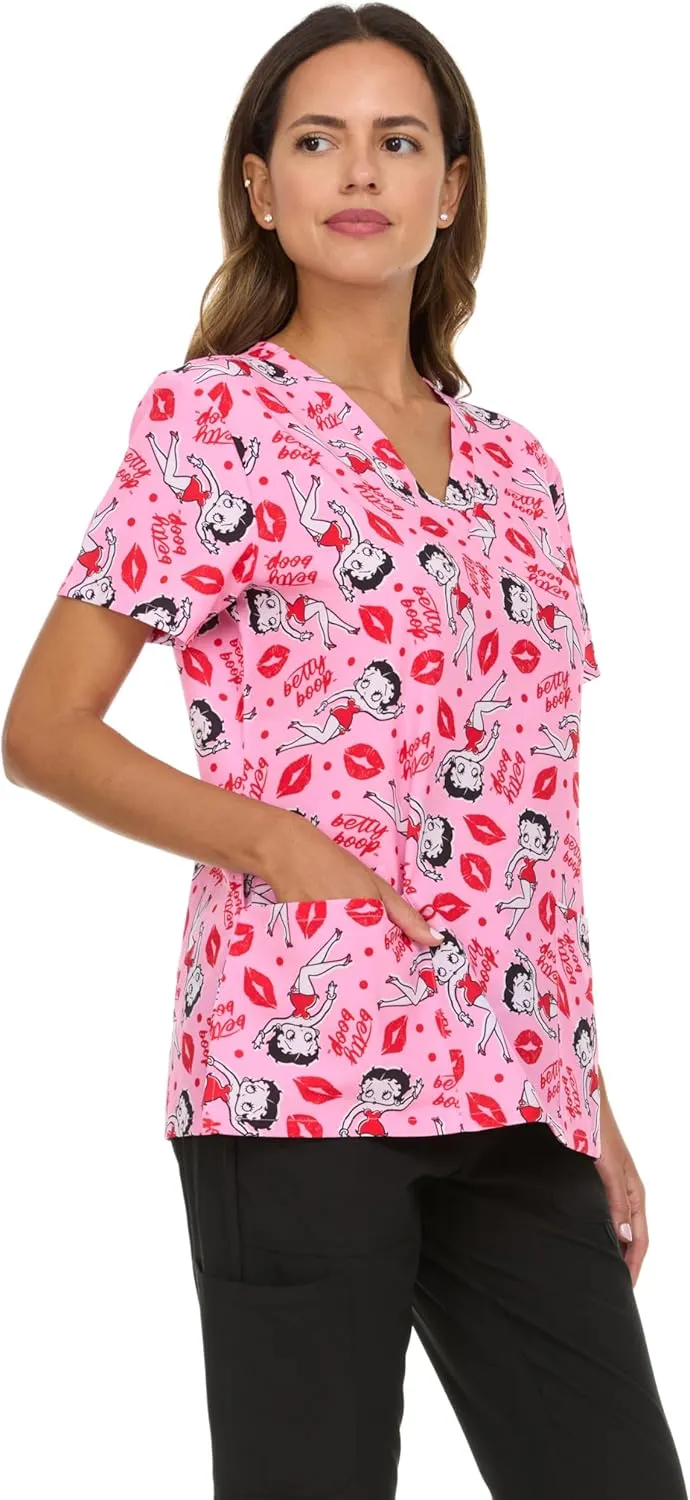 Betty Boop Women's All Over Print, V-Neck Scrub Top with Pockets - Comfortable Work Uniform