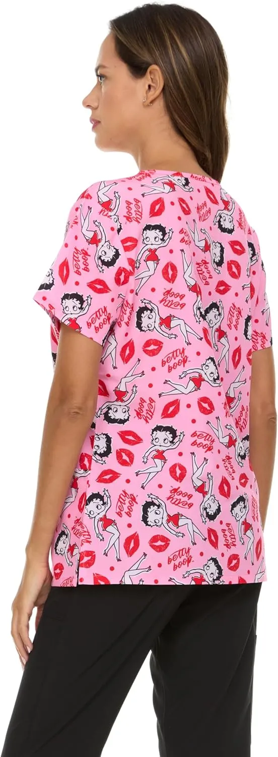 Betty Boop Women's All Over Print, V-Neck Scrub Top with Pockets - Comfortable Work Uniform