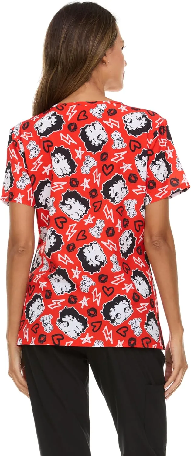Betty Boop Women's All Over Print, V-Neck Scrub Top with Pockets - Comfortable Work Uniform