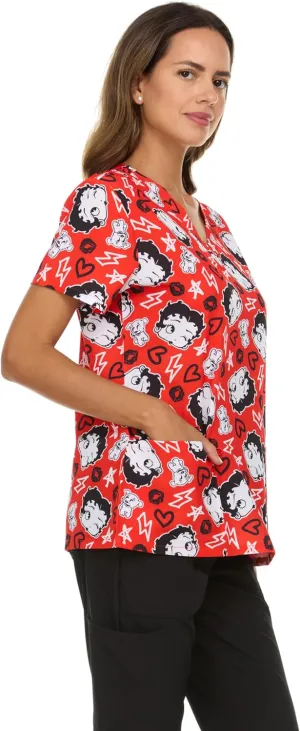 Betty Boop Women's All Over Print, V-Neck Scrub Top with Pockets - Comfortable Work Uniform
