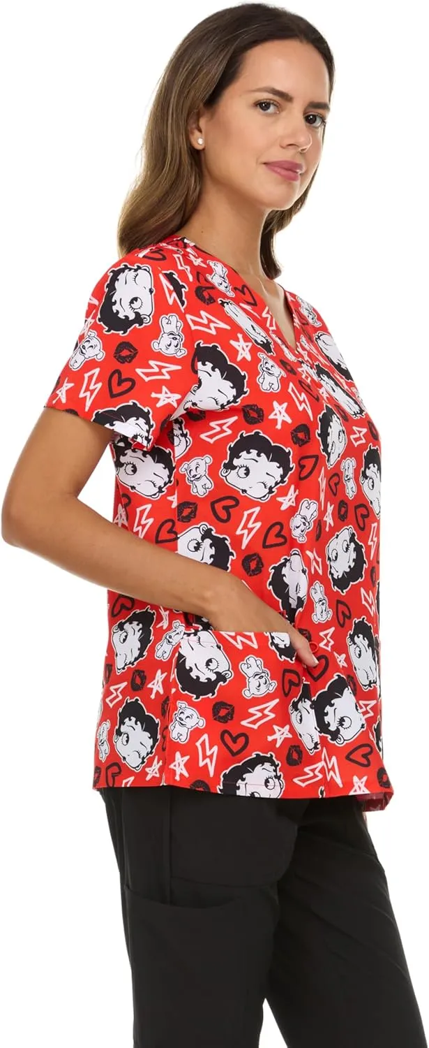 Betty Boop Women's All Over Print, V-Neck Scrub Top with Pockets - Comfortable Work Uniform