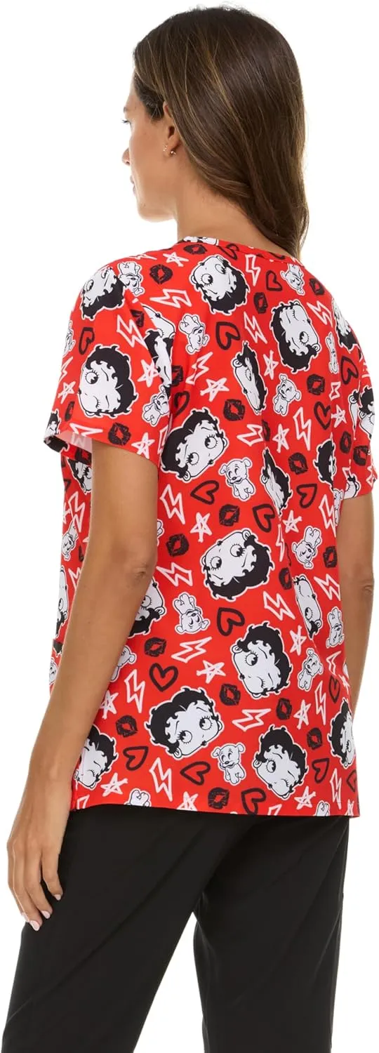 Betty Boop Women's All Over Print, V-Neck Scrub Top with Pockets - Comfortable Work Uniform