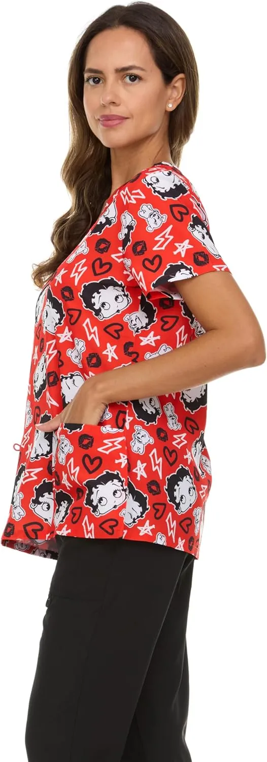 Betty Boop Women's All Over Print, V-Neck Scrub Top with Pockets - Comfortable Work Uniform