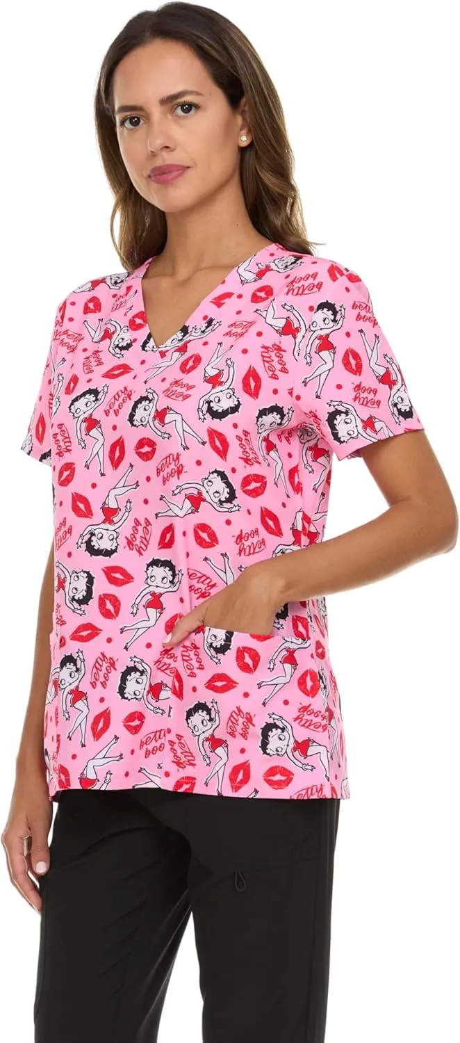 Betty Boop Women's All Over Print, V-Neck Scrub Top with Pockets - Comfortable Work Uniform
