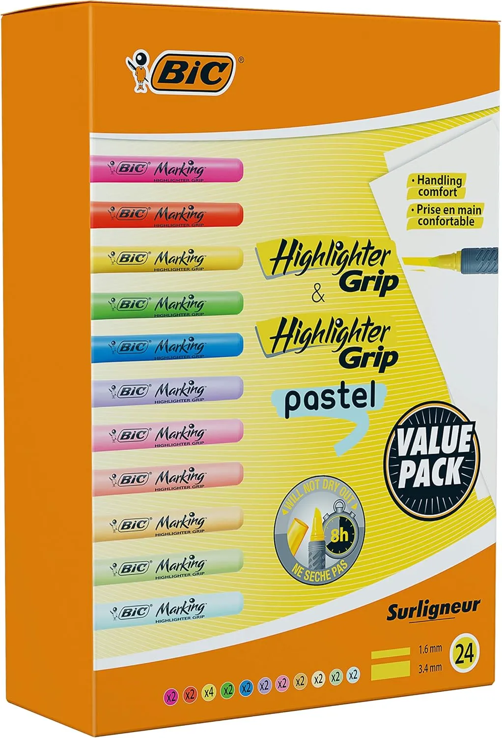 Bic Highlighter Grip & Highlighter Grip Pastel Pack of 24