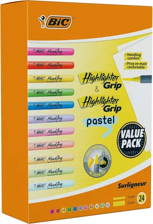 Bic Highlighter Grip & Highlighter Grip Pastel Pack of 24