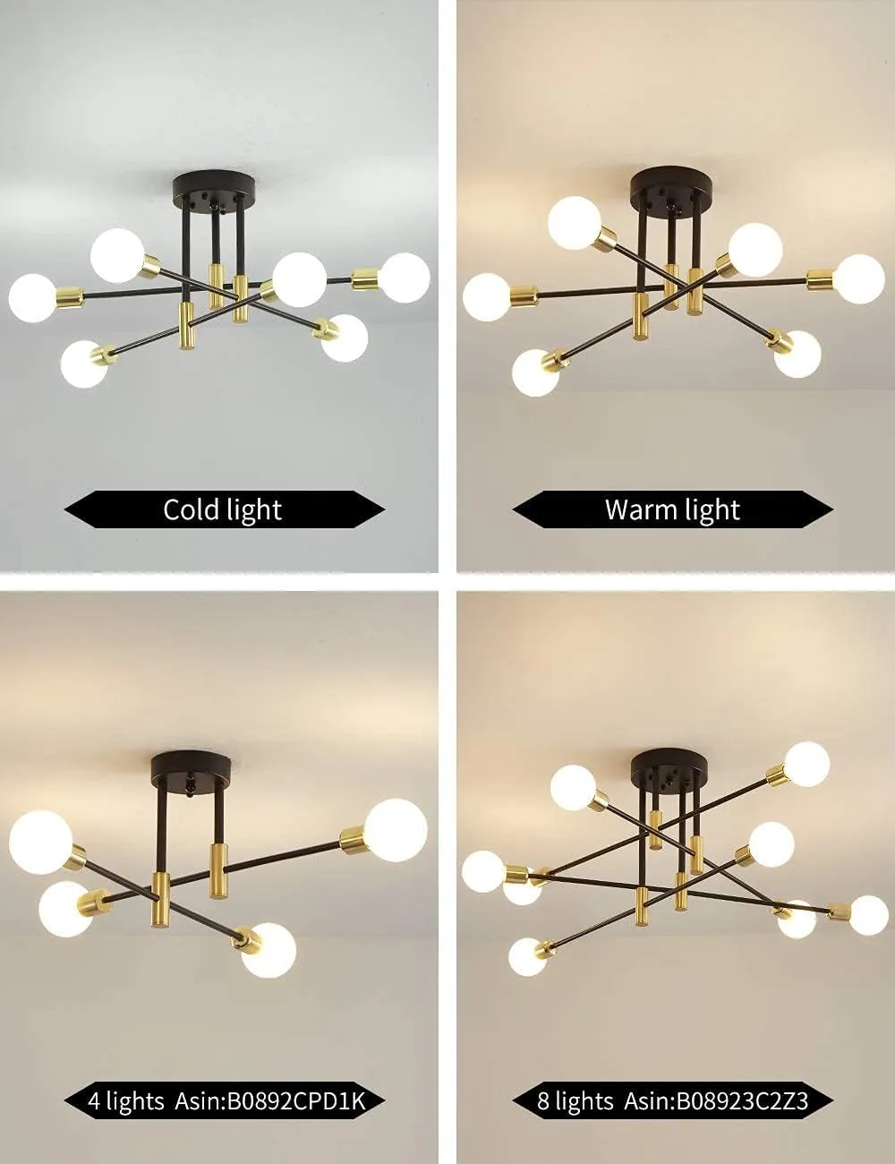 Biewalk Sputnik Chandelier Mid Century Modern Nordic Pendant Lighting 4 Lights Ceiling Light Fixture Black Light for Living Room, Kitchen, Bedroom, Dining Room