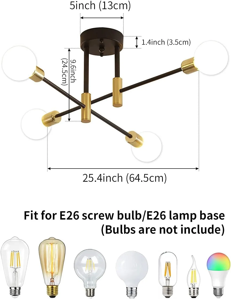 Biewalk Sputnik Chandelier Mid Century Modern Nordic Pendant Lighting 4 Lights Ceiling Light Fixture Black Light for Living Room, Kitchen, Bedroom, Dining Room