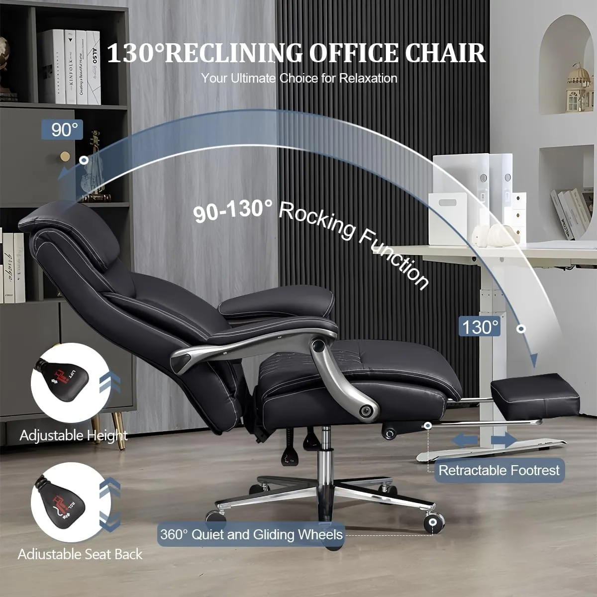 Big and Tall Office Chair 600 lbs Extra Wide Leather Luxury Executive Chair with Retractable Footrest, Heavy-Duty Ergonomic Chair, High Back Computer Chairs with Adjustable Height