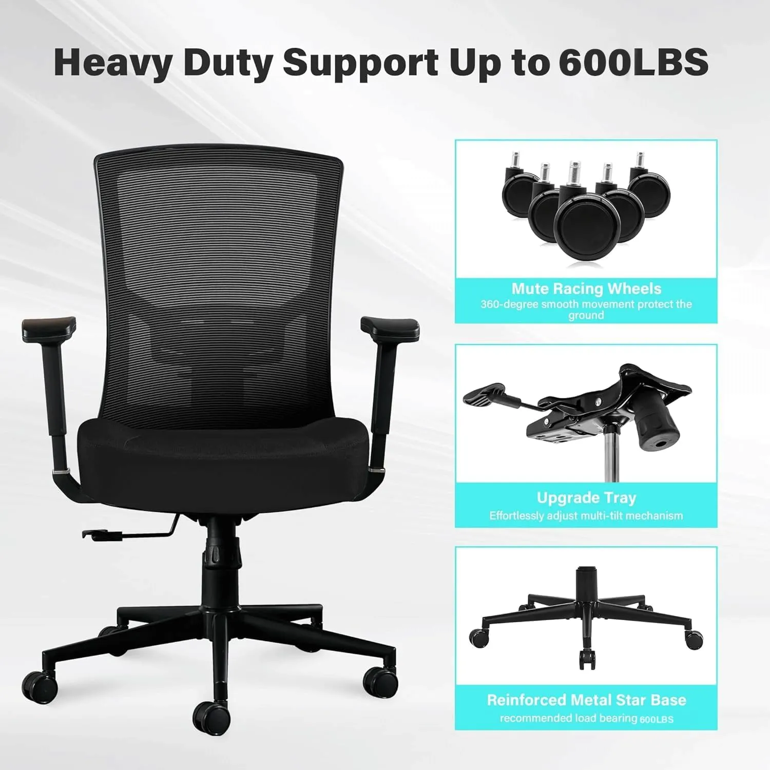 Big and Tall Office Chair 600lbs, Ergonomic High Back Computer Desk Chair for Heavy People with 2D Adjustable Waist Support and Heavy Duty Metal Base Mesh Chair