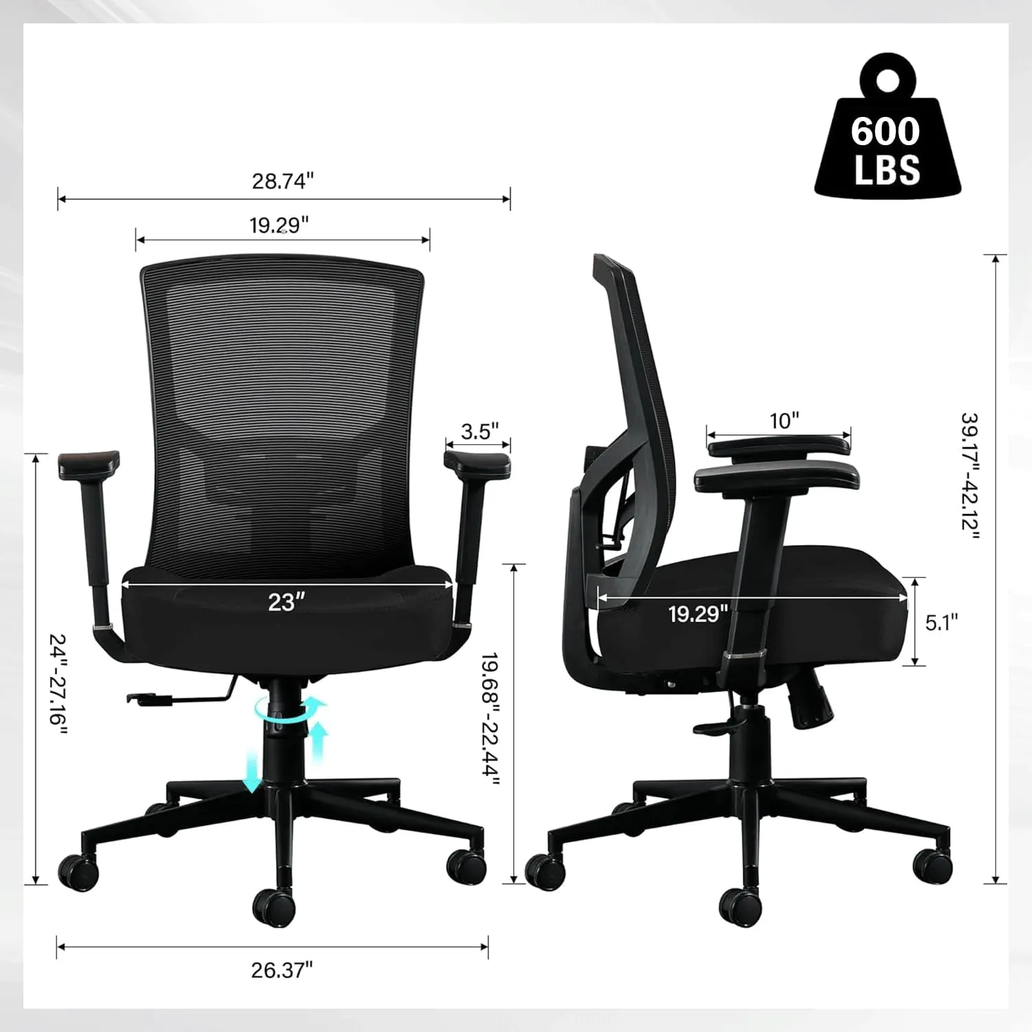 Big and Tall Office Chair 600lbs, Ergonomic High Back Computer Desk Chair for Heavy People with 2D Adjustable Waist Support and Heavy Duty Metal Base Mesh Chair