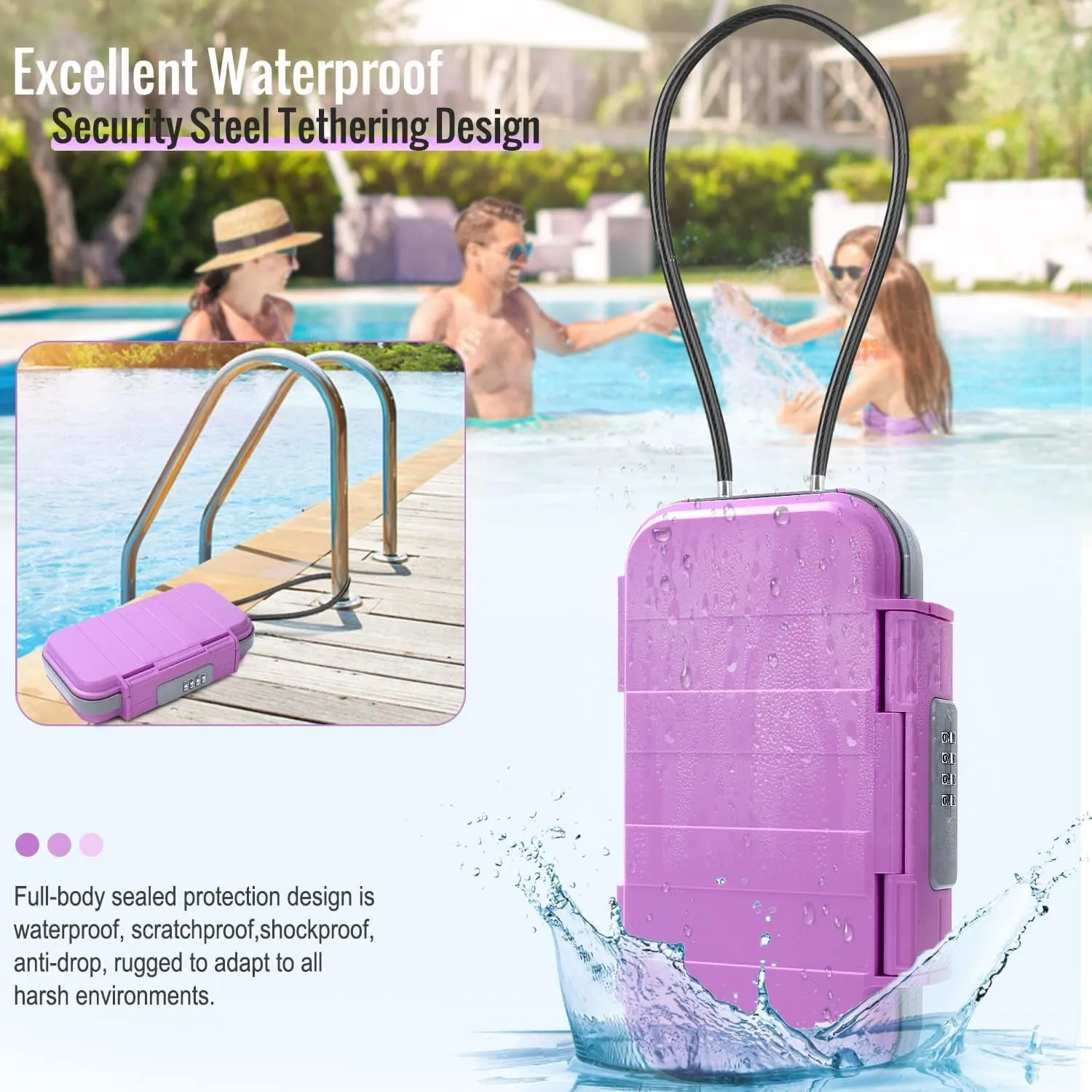 BKNOOU Portable Anti-Theft Waterproof Combination Lock Box with Removable Chain - Security Safe for Travel, Beach, Hotel, Car, Home, Office