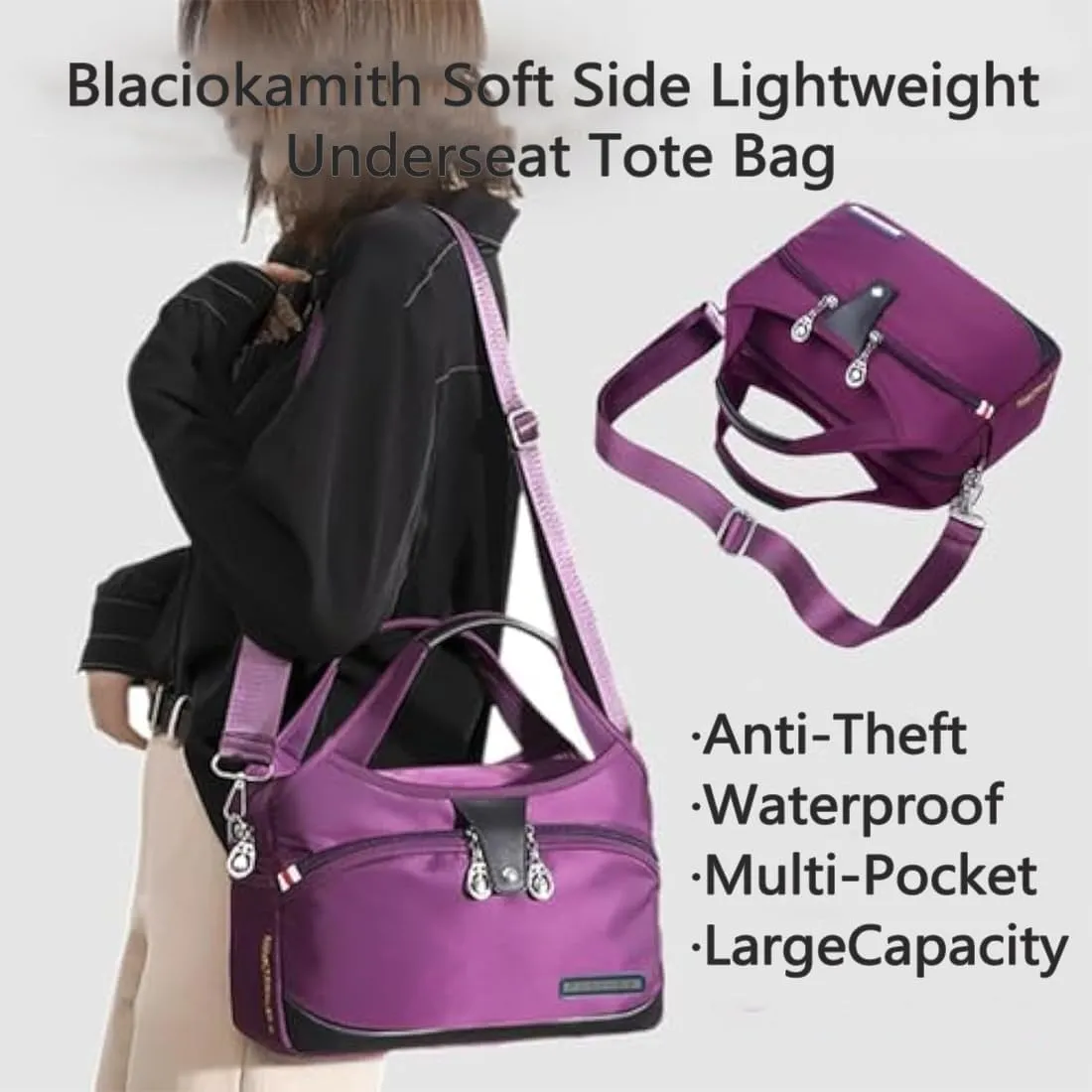 Blaciokamith Soft Side Lightweight Underseat Tote Bag, Waterproof Oxford Blaciokamith Crossbody Bag for Women