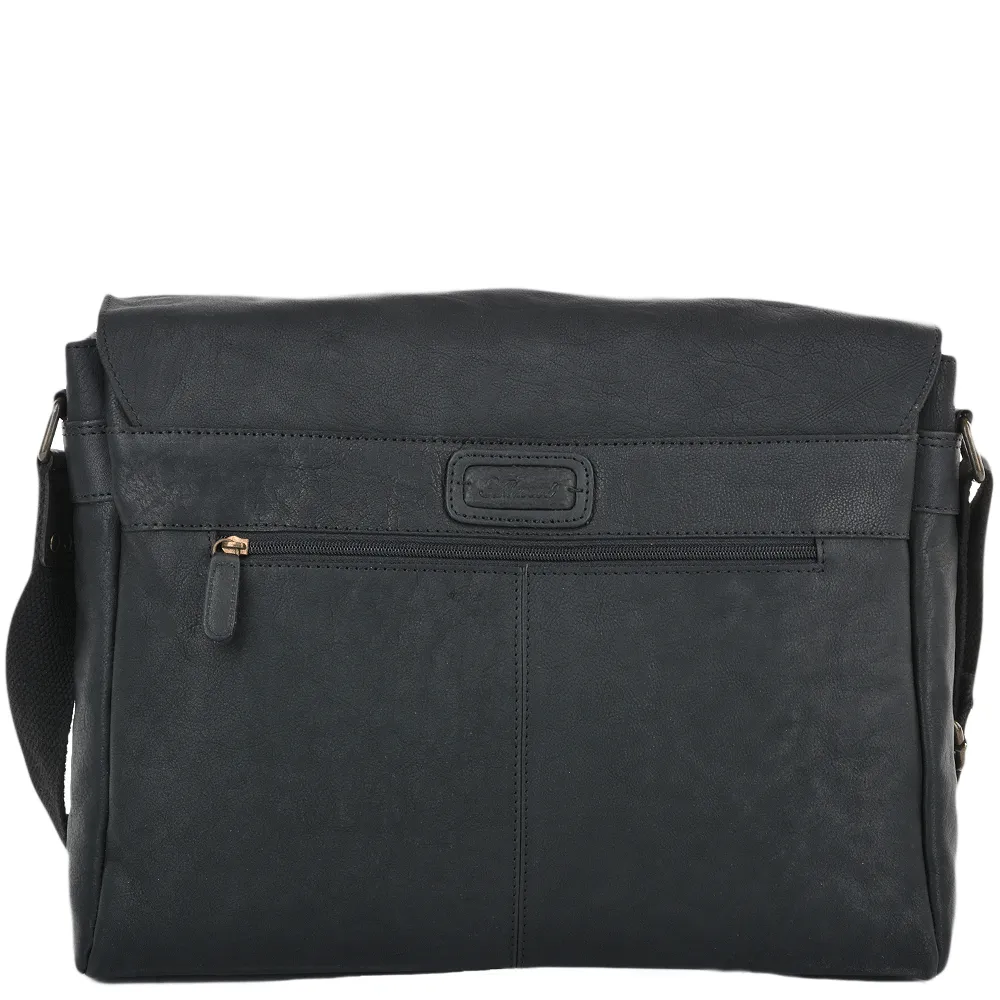 Black Leather Laptop Messenger Flap-Over Bag