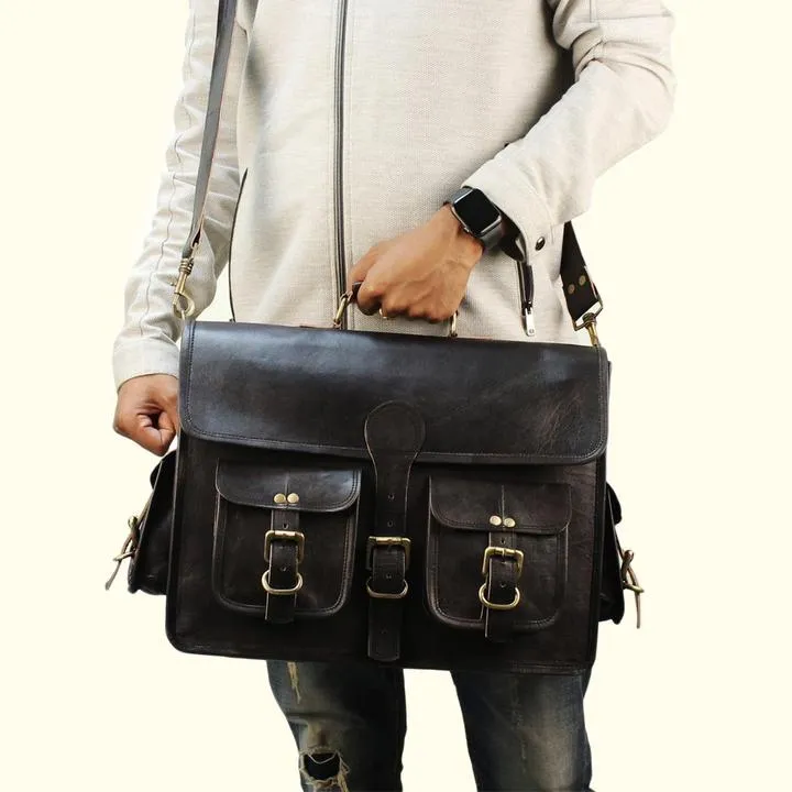 Black Leather Messenger Crossbody Bag