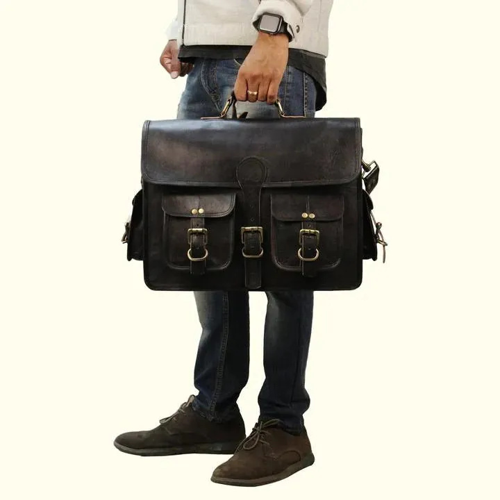 Black Leather Messenger Crossbody Bag
