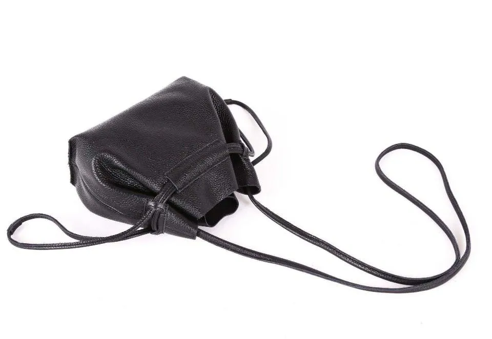 Black Top Grain Cow Leather Mini Drawstring Bucket Bag