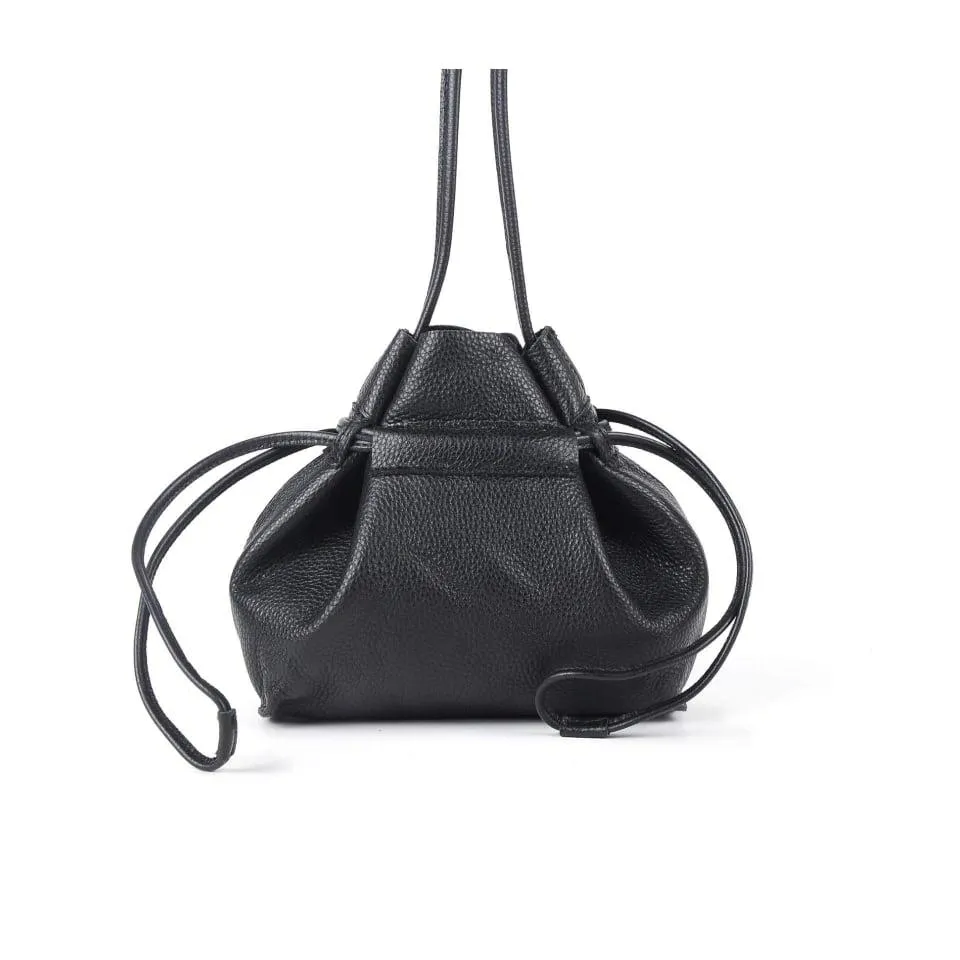 Black Top Grain Cow Leather Mini Drawstring Bucket Bag