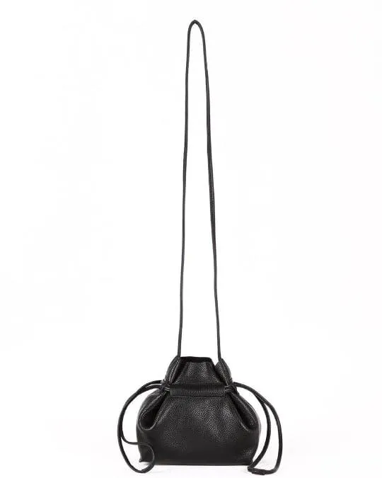 Black Top Grain Cow Leather Mini Drawstring Bucket Bag