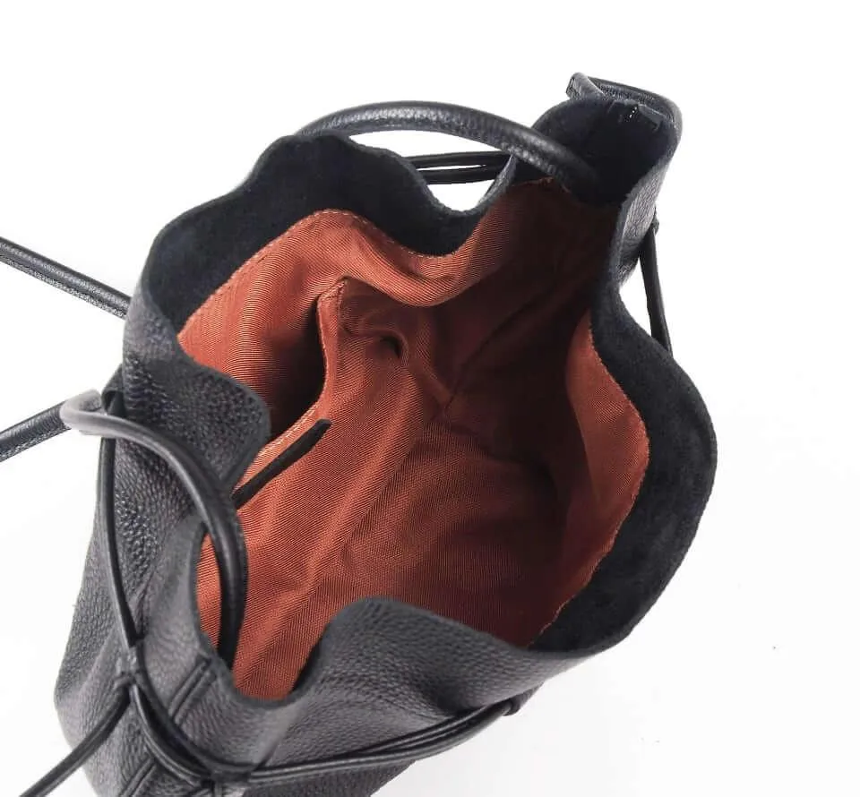 Black Top Grain Cow Leather Mini Drawstring Bucket Bag