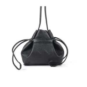Black Top Grain Cow Leather Mini Drawstring Bucket Bag