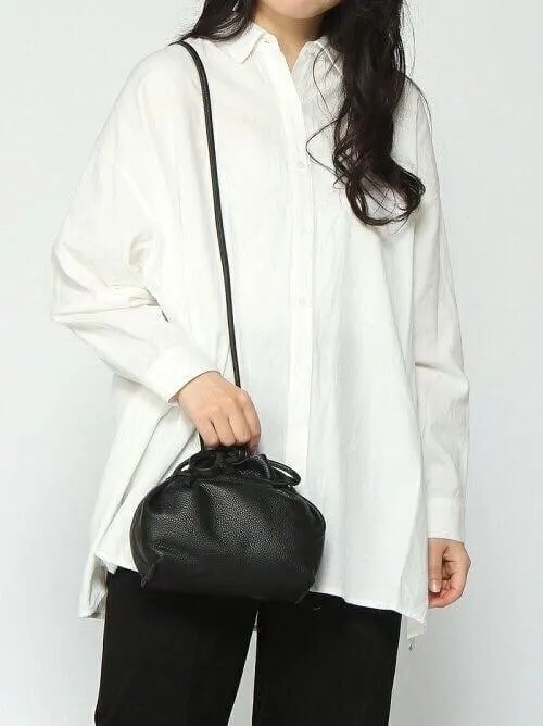 Black Top Grain Cow Leather Mini Drawstring Bucket Bag