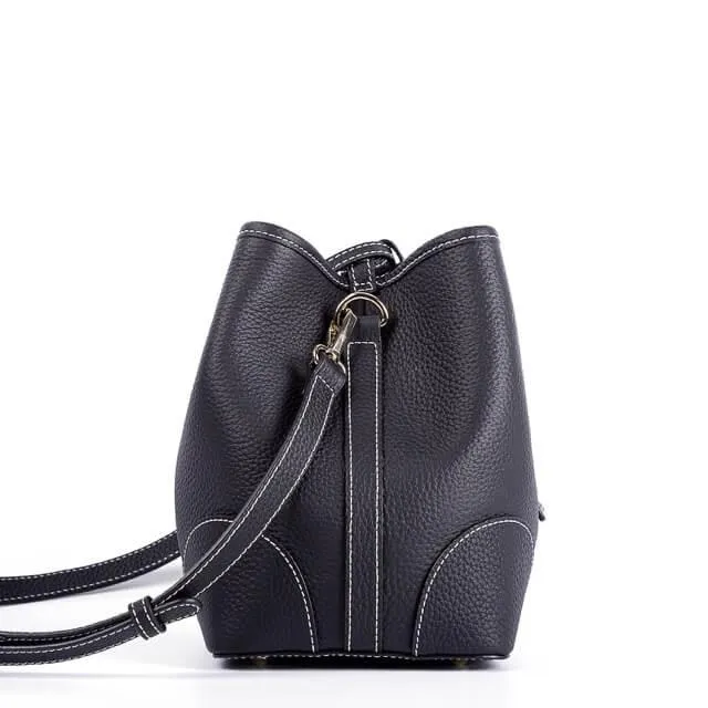 Black Top Grain Cow Leather Mini Drawstring commute Bucket Bag | Crossbody Bag