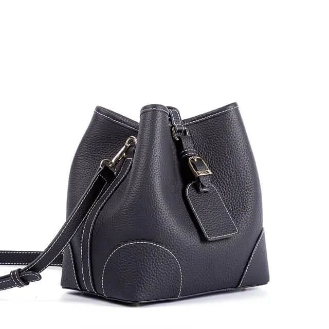 Black Top Grain Cow Leather Mini Drawstring commute Bucket Bag | Crossbody Bag