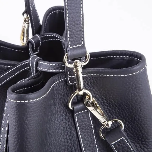 Black Top Grain Cow Leather Mini Drawstring commute Bucket Bag | Crossbody Bag