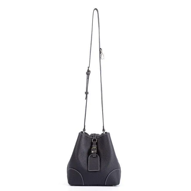 Black Top Grain Cow Leather Mini Drawstring commute Bucket Bag | Crossbody Bag