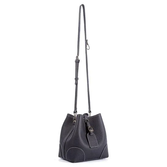 Black Top Grain Cow Leather Mini Drawstring commute Bucket Bag | Crossbody Bag