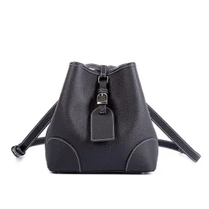 Black Top Grain Cow Leather Mini Drawstring commute Bucket Bag | Crossbody Bag