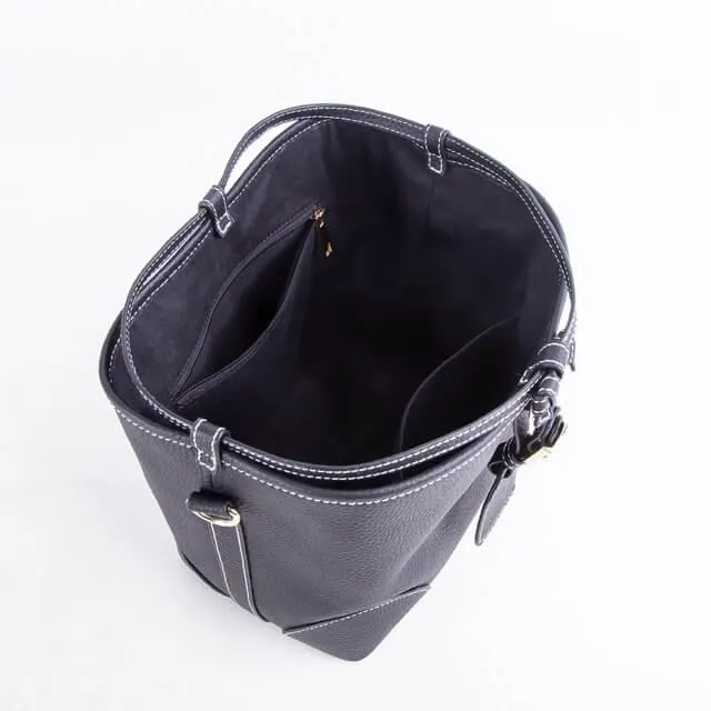 Black Top Grain Cow Leather Mini Drawstring commute Bucket Bag | Crossbody Bag