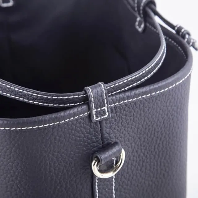 Black Top Grain Cow Leather Mini Drawstring commute Bucket Bag | Crossbody Bag