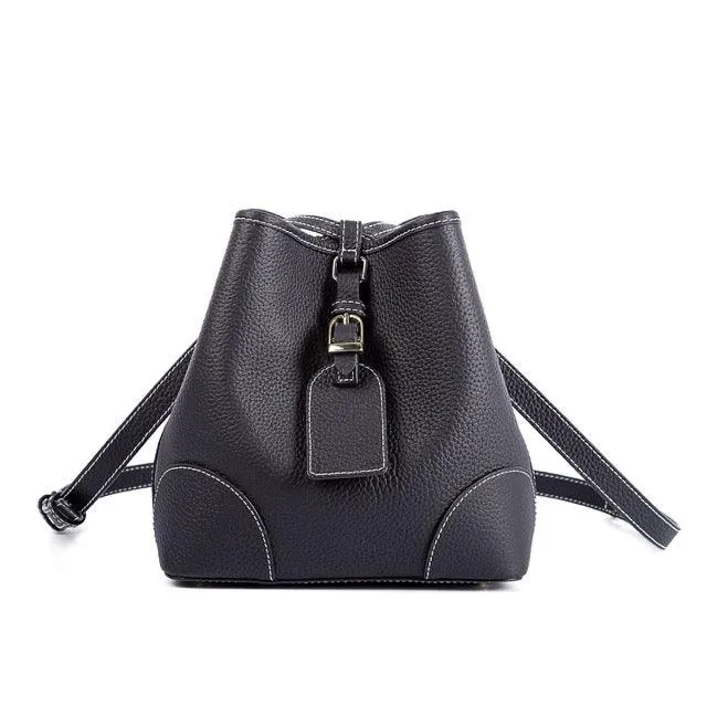 Black Top Grain Cow Leather Mini Drawstring commute Bucket Bag | Crossbody Bag