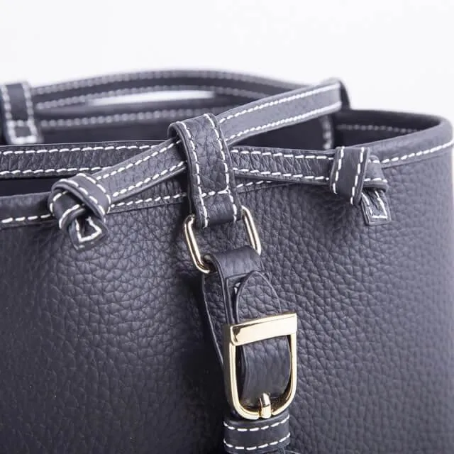 Black Top Grain Cow Leather Mini Drawstring commute Bucket Bag | Crossbody Bag
