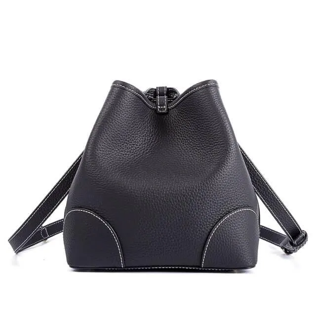 Black Top Grain Cow Leather Mini Drawstring commute Bucket Bag | Crossbody Bag