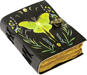 Blank Spell Book Of Shadows Vintage Handmade Leather Journal With Lock Witchcraft Supplies Luna Moth and Morpho Butterfly Print Diary Prayer Pagan Wiccan Decor notebook Luna-1 (7 X 5)
