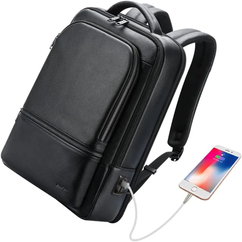 BOPai Genuine Leather Backpack for Men Multi-Function 15.6 inch Laptop Premium Executive Business Travel Friendly Smart Rucksack with USB Charging Anti Theft Large Capacity Office Classic Black