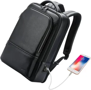 BOPai Genuine Leather Backpack for Men Multi-Function 15.6 inch Laptop Premium Executive Business Travel Friendly Smart Rucksack with USB Charging Anti Theft Large Capacity Office Classic Black
